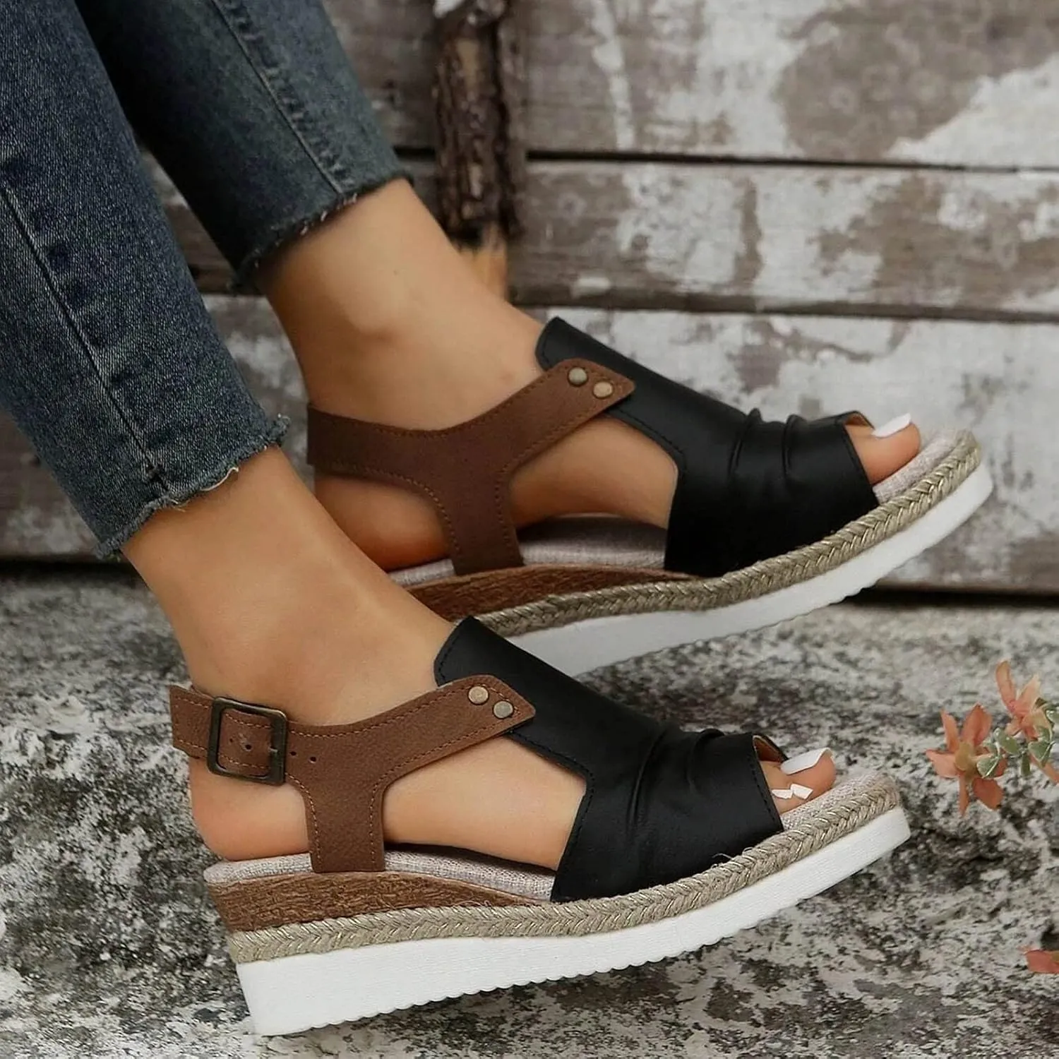 Orthopedic Platform Wedge Sandals for Women Summer Dressy 2023 Flat Open Toe Ankle Strap Espadrilles Sandals Casual Strappy Slip on Sandals Beach Boho Sandals Comfortable Outdoor Shoes (3-Black, 6.5)