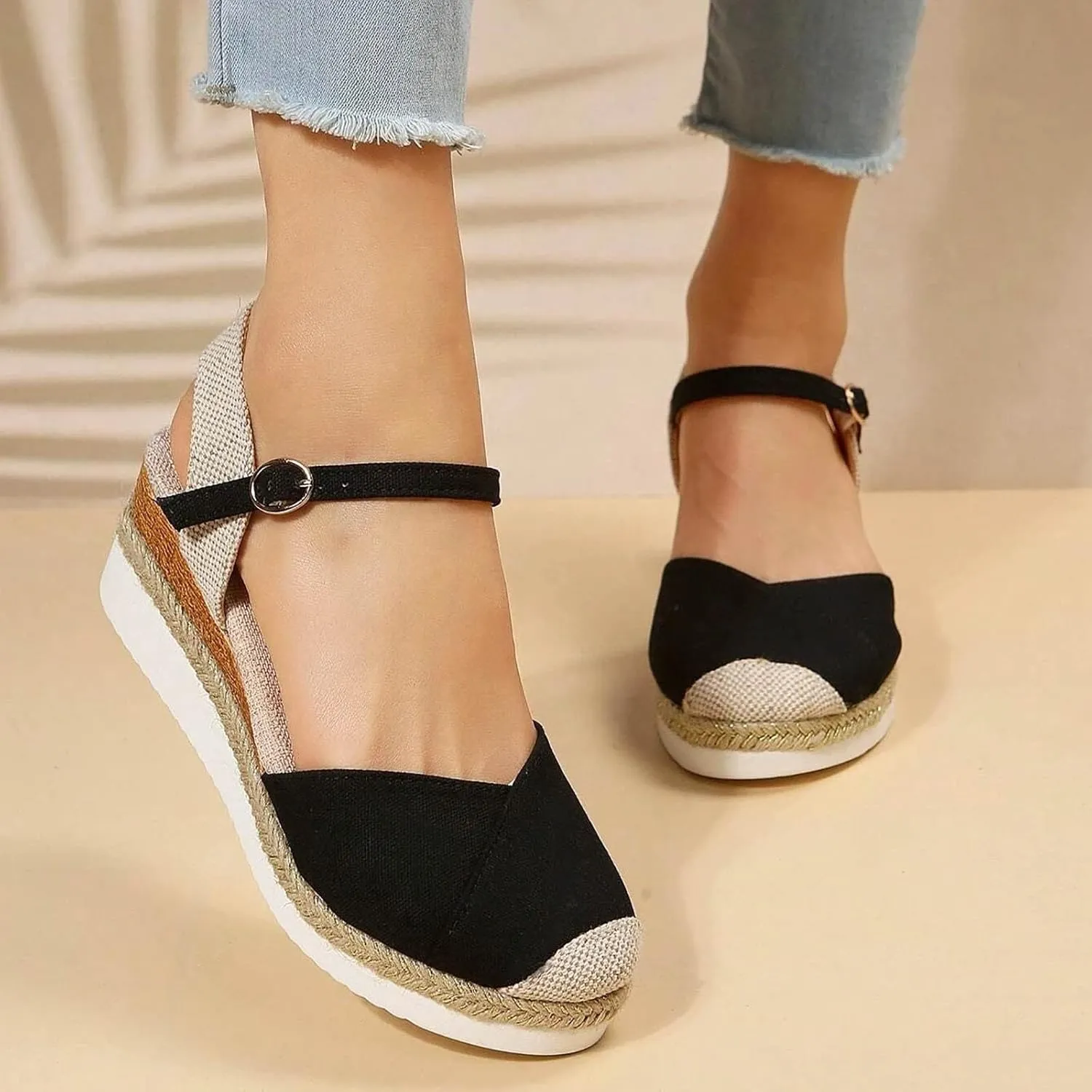 Orthopedic Platform Wedge Sandals for Women Summer Dressy Flat 2023 Open Toe Ankle Strap Espadrilles Sandals Casual Strappy Slip on Sandals Beach Boho Sandals Comfortable Outdoor Shoes (Black #1, 7)