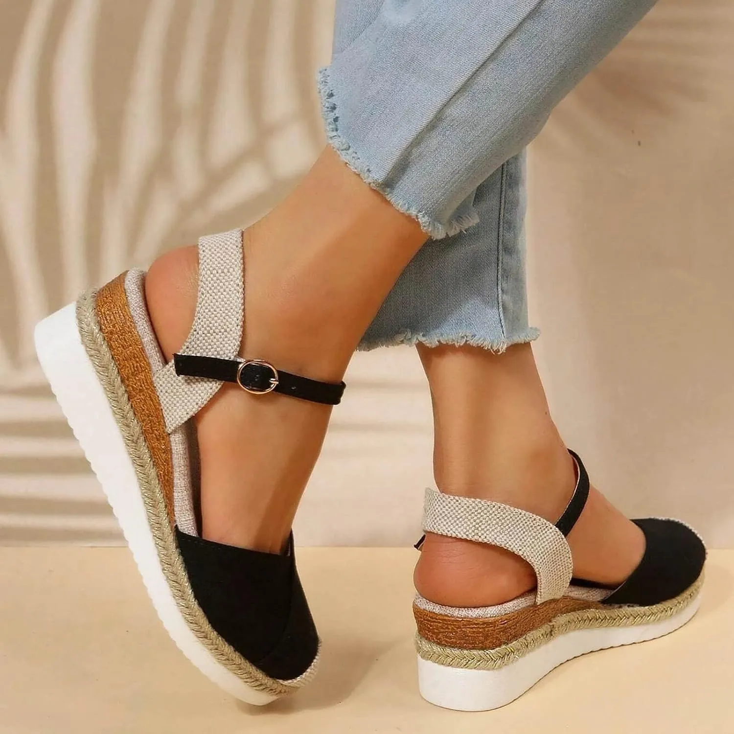 Orthopedic Platform Wedge Sandals for Women Summer Dressy Flat 2023 Open Toe Ankle Strap Espadrilles Sandals Casual Strappy Slip on Sandals Beach Boho Sandals Comfortable Outdoor Shoes (Black #1, 7)