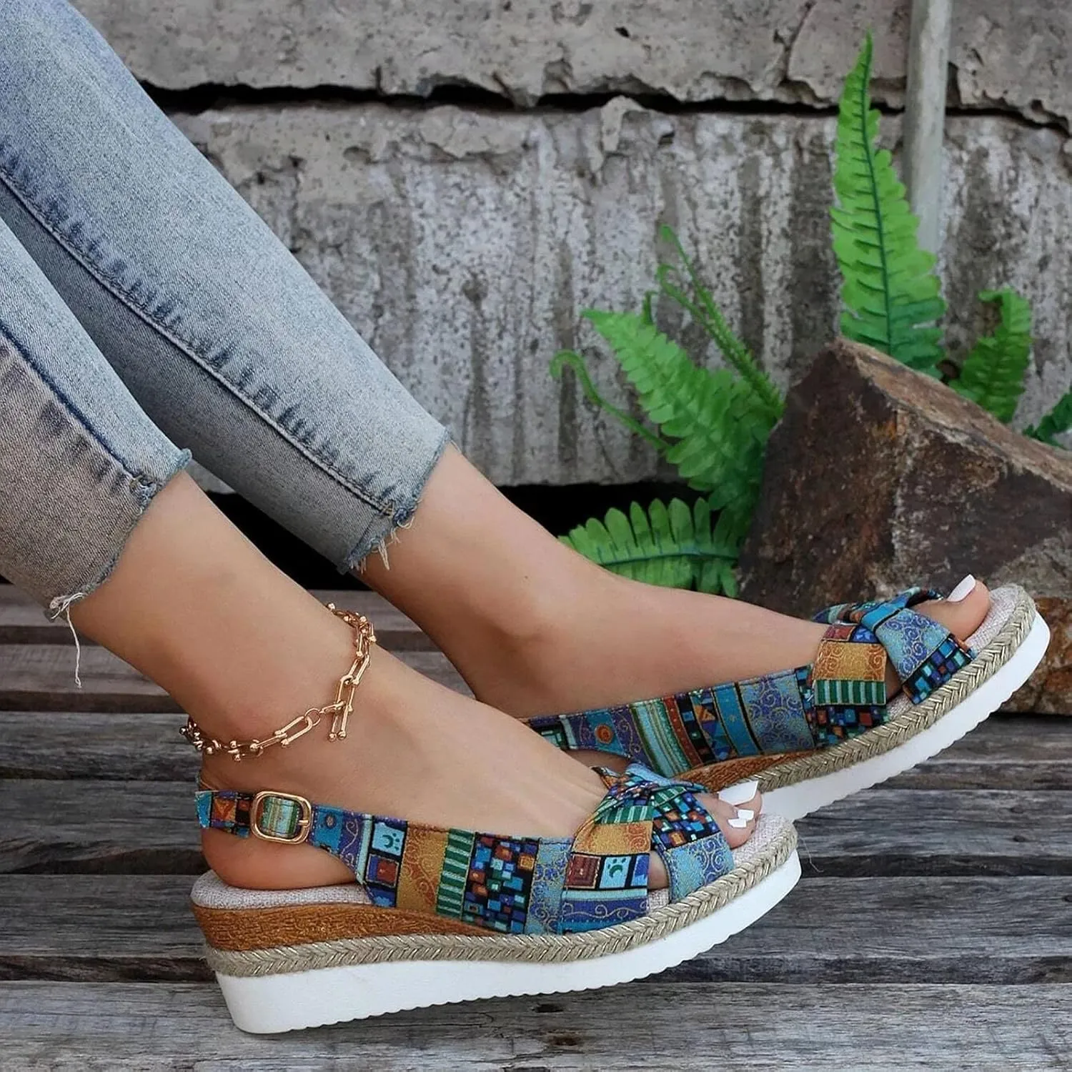 Orthopedic Platform Wedge Sandals for Women Summer Dressy Flat 2023 Open Toe Ankle Strap Espadrilles Sandals Casual Strappy Slip on Sandals Beach Boho Sandals Comfortable Outdoor Shoes (Blue #3, 6.5)