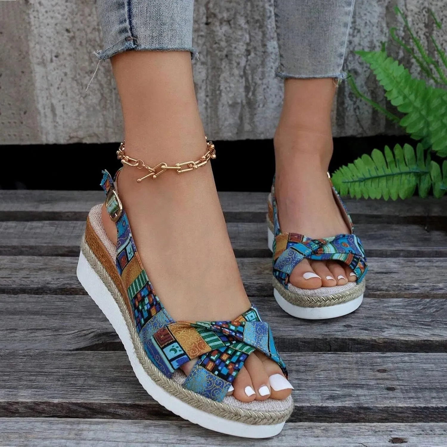 Orthopedic Platform Wedge Sandals for Women Summer Dressy Flat 2023 Open Toe Ankle Strap Espadrilles Sandals Casual Strappy Slip on Sandals Beach Boho Sandals Comfortable Outdoor Shoes (Blue #3, 6.5)