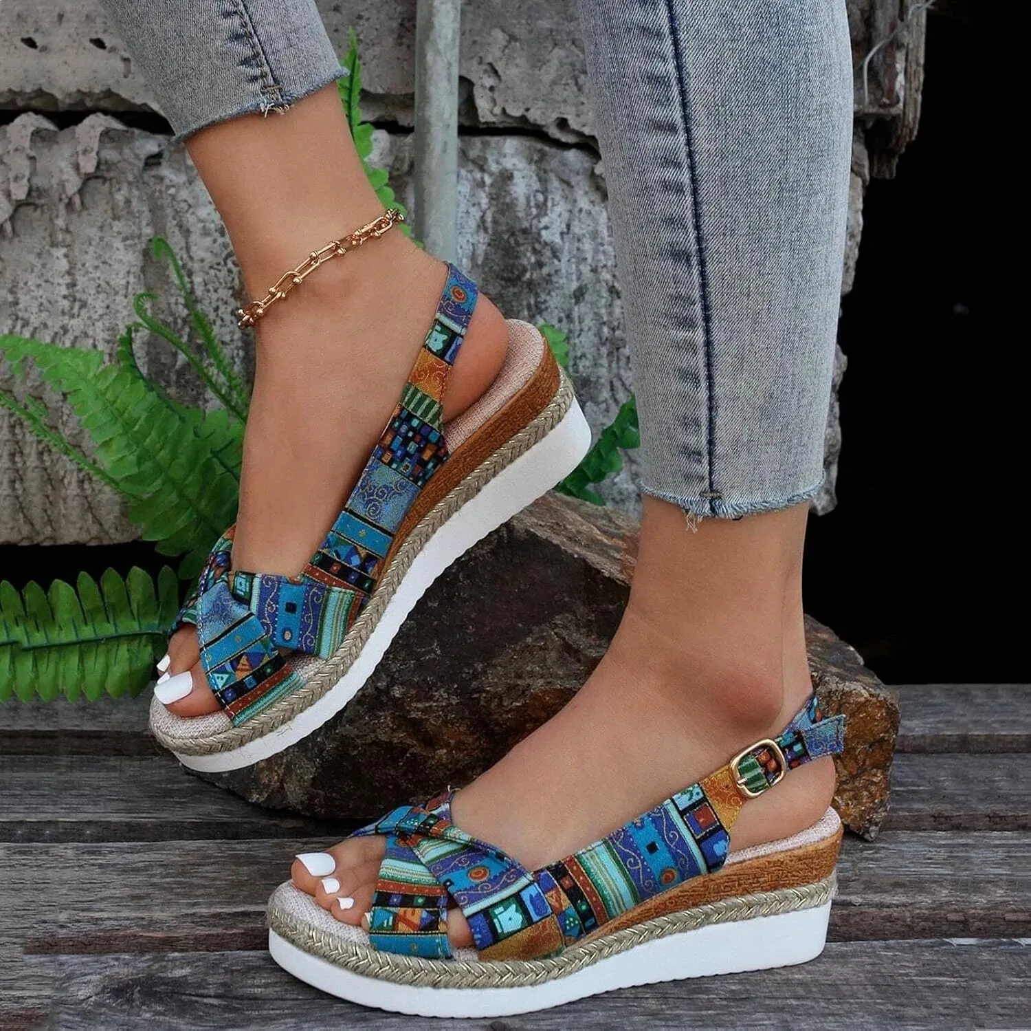 Orthopedic Platform Wedge Sandals for Women Summer Dressy Flat 2023 Open Toe Ankle Strap Espadrilles Sandals Casual Strappy Slip on Sandals Beach Boho Sandals Comfortable Outdoor Shoes (Blue #3, 6.5)