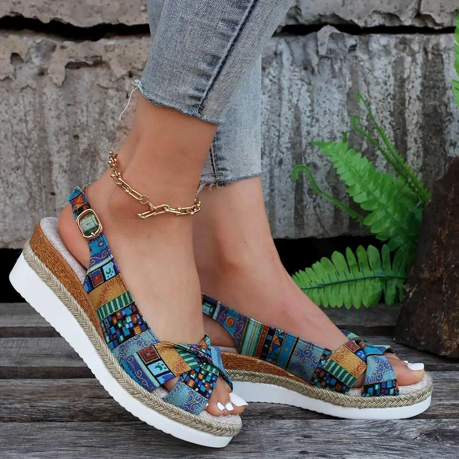 Orthopedic Platform Wedge Sandals for Women Summer Dressy Flat 2023 Open Toe Ankle Strap Espadrilles Sandals Casual Strappy Slip on Sandals Beach Boho Sandals Comfortable Outdoor Shoes (Blue #3, 6.5)