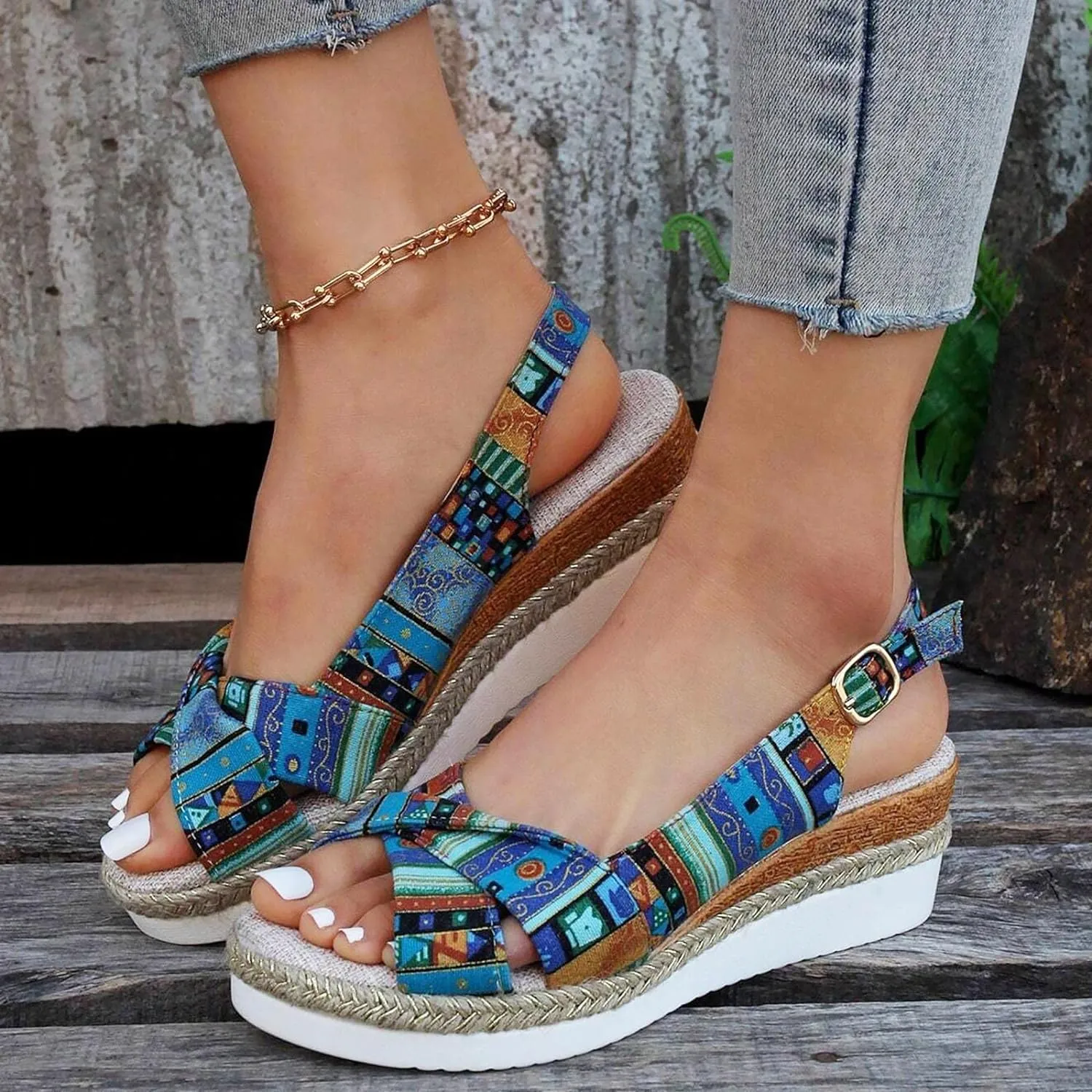 Orthopedic Platform Wedge Sandals for Women Summer Dressy Flat 2023 Open Toe Ankle Strap Espadrilles Sandals Casual Strappy Slip on Sandals Beach Boho Sandals Comfortable Outdoor Shoes (Blue #3, 6.5)