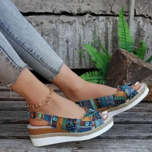 Orthopedic Platform Wedge Sandals for Women Summer Dressy Flat 2023 Open Toe Ankle Strap Espadrilles Sandals Casual Strappy Slip on Sandals Beach Boho Sandals Comfortable Outdoor Shoes (Blue #3, 6.5)