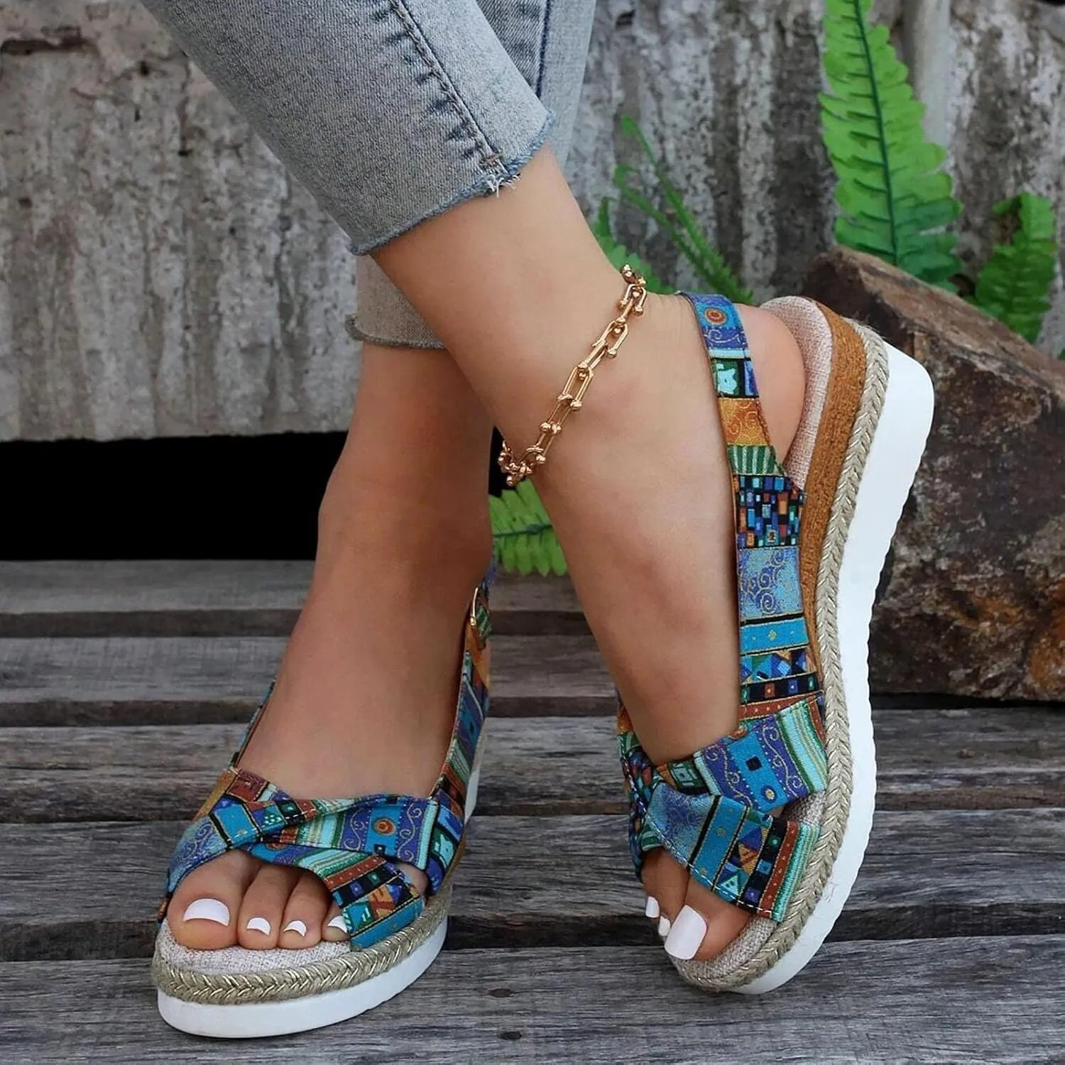 Orthopedic Platform Wedge Sandals for Women Summer Dressy Flat 2023 Open Toe Ankle Strap Espadrilles Sandals Casual Strappy Slip on Sandals Beach Boho Sandals Comfortable Outdoor Shoes (Blue #3, 6.5)
