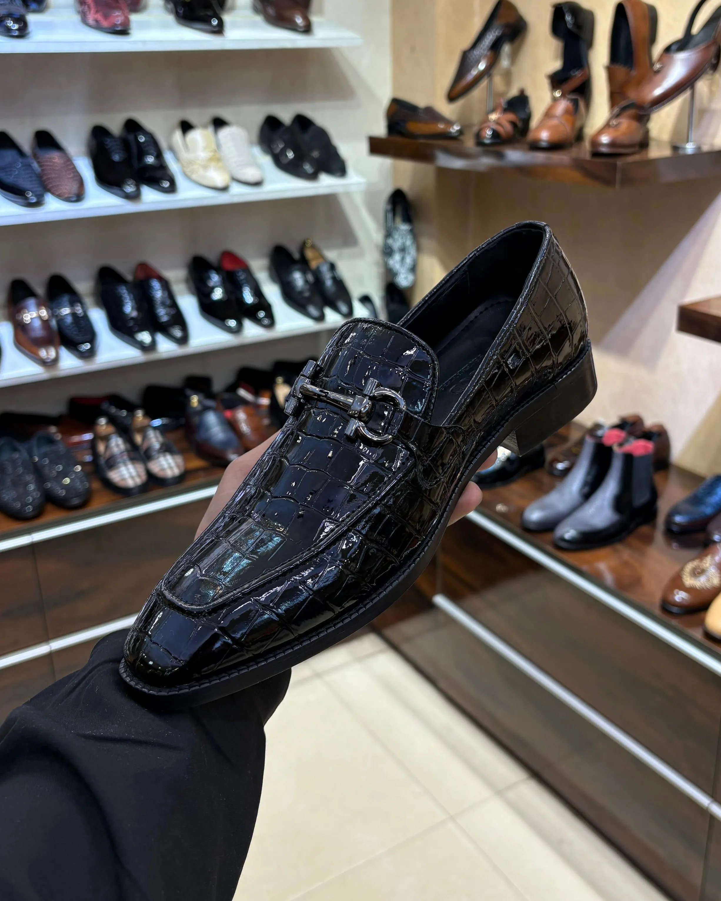 Patent Croc Scaled Loafers with Silver Buckle