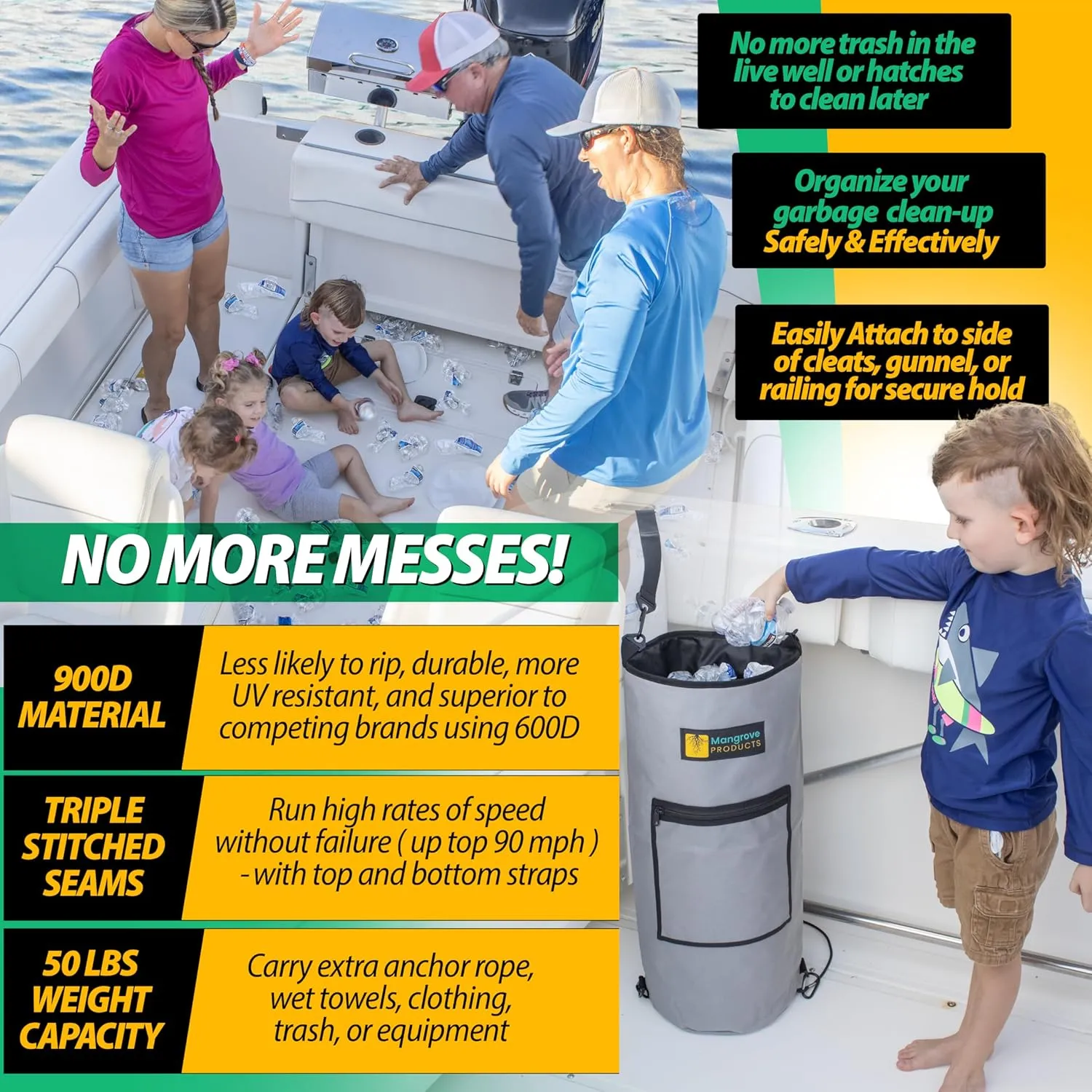 Portable Boat Trash Can, Reusable Trash Bag, Boating Equipment, Boat Storage, Boat Accessories Marine, Pontoon Boat Accessories, Fishing, Sandbar, RV, or Camping