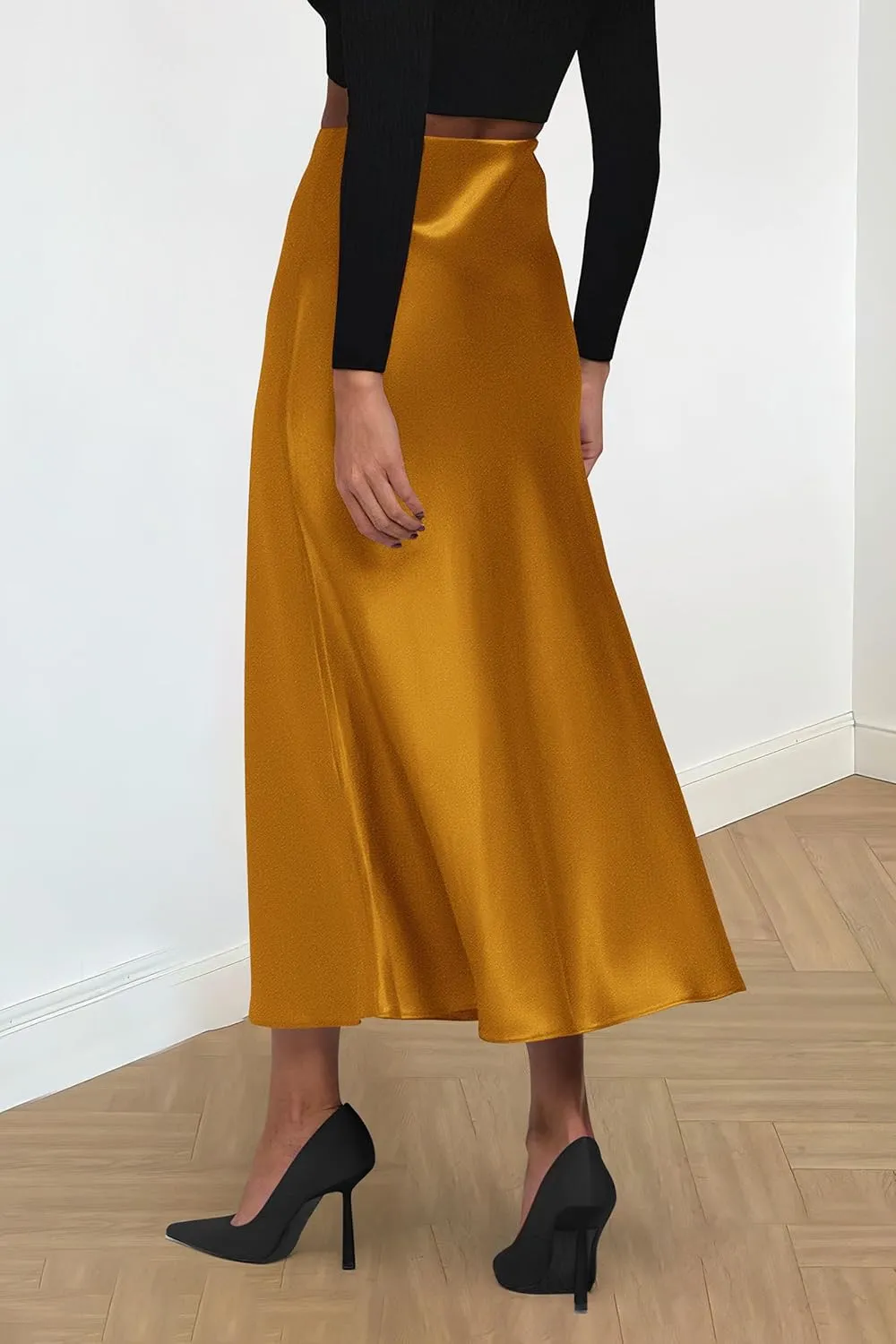 PRETTYGARDEN Women's Summer Midi Satin Skirt Dressy Casual High Waisted A Line Flowy Ruffle Elegant Party Skirts