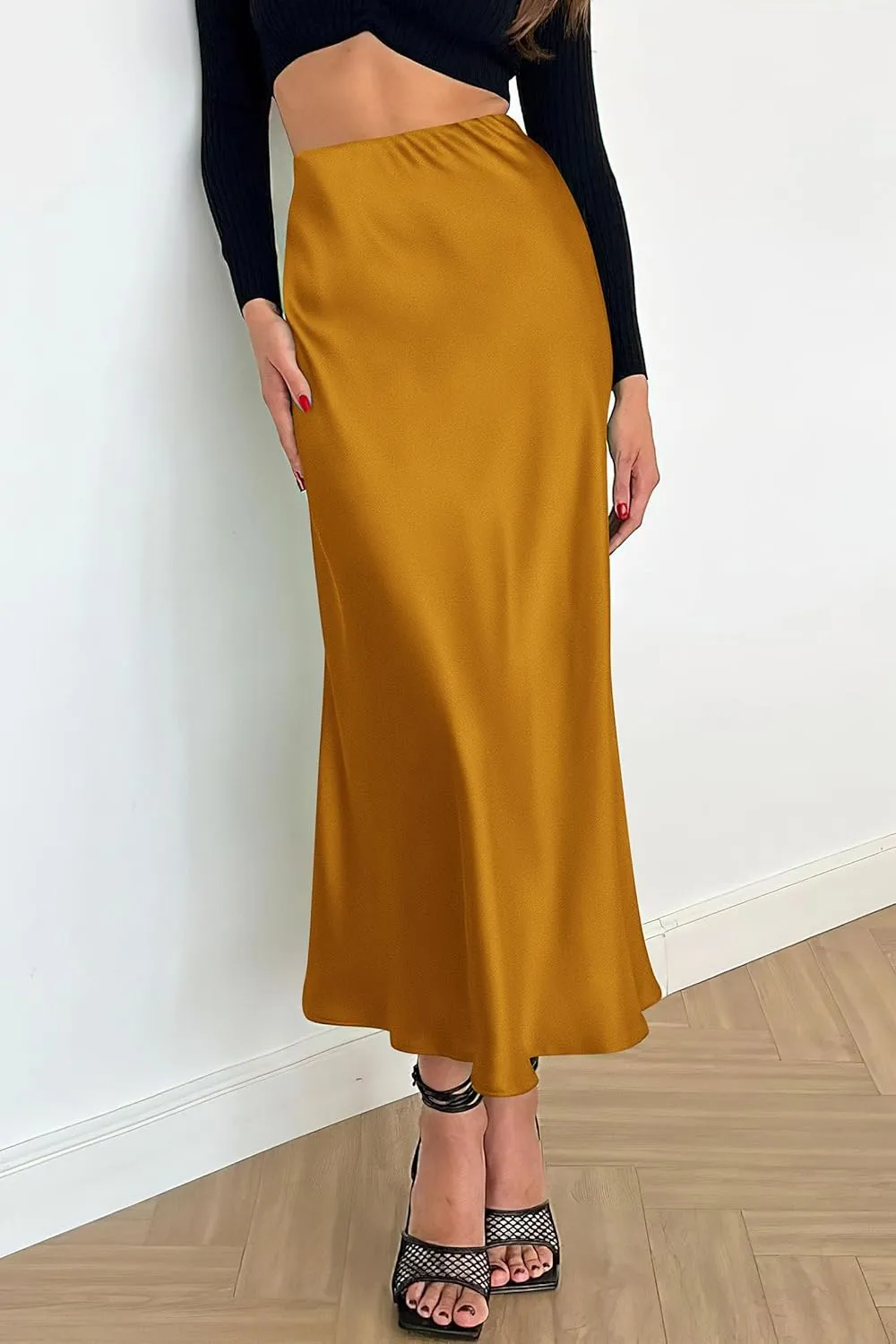 PRETTYGARDEN Women's Summer Midi Satin Skirt Dressy Casual High Waisted A Line Flowy Ruffle Elegant Party Skirts