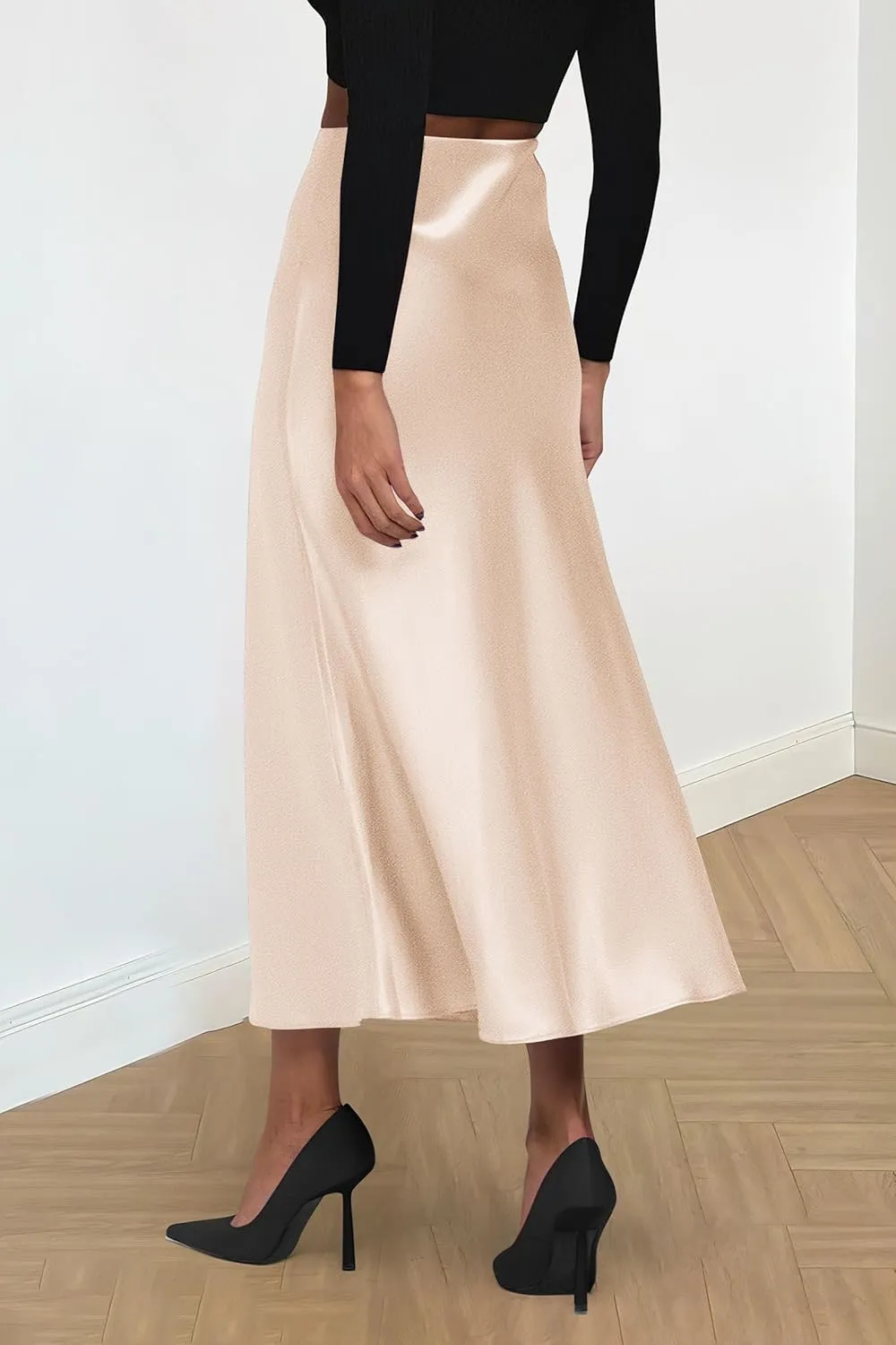 PRETTYGARDEN Women's Summer Midi Satin Skirt Dressy Casual High Waisted A Line Flowy Ruffle Elegant Party Skirts