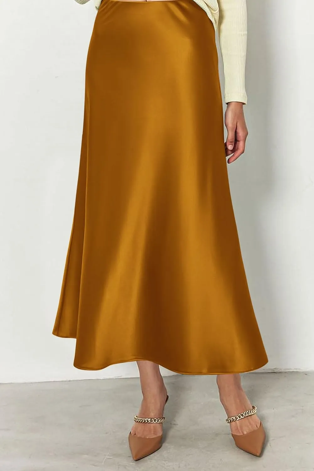 PRETTYGARDEN Women's Summer Midi Satin Skirt Dressy Casual High Waisted A Line Flowy Ruffle Elegant Party Skirts