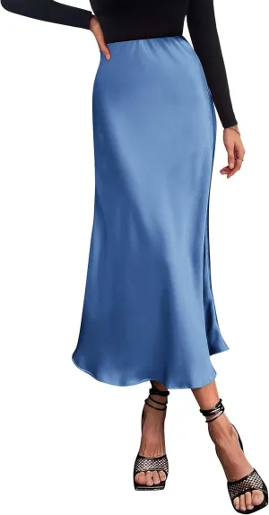 PRETTYGARDEN Women's Summer Midi Satin Skirt Dressy Casual High Waisted A Line Flowy Ruffle Elegant Party Skirts