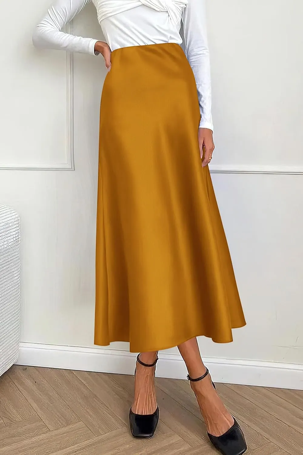 PRETTYGARDEN Women's Summer Midi Satin Skirt Dressy Casual High Waisted A Line Flowy Ruffle Elegant Party Skirts