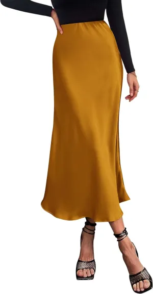PRETTYGARDEN Women's Summer Midi Satin Skirt Dressy Casual High Waisted A Line Flowy Ruffle Elegant Party Skirts