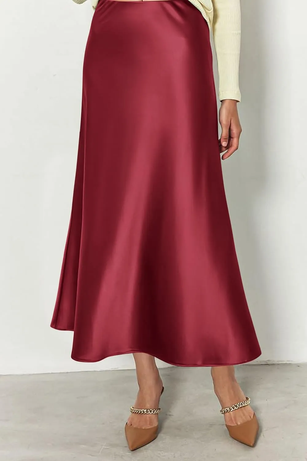 PRETTYGARDEN Women's Summer Midi Satin Skirt Dressy Casual High Waisted A Line Flowy Ruffle Elegant Party Skirts