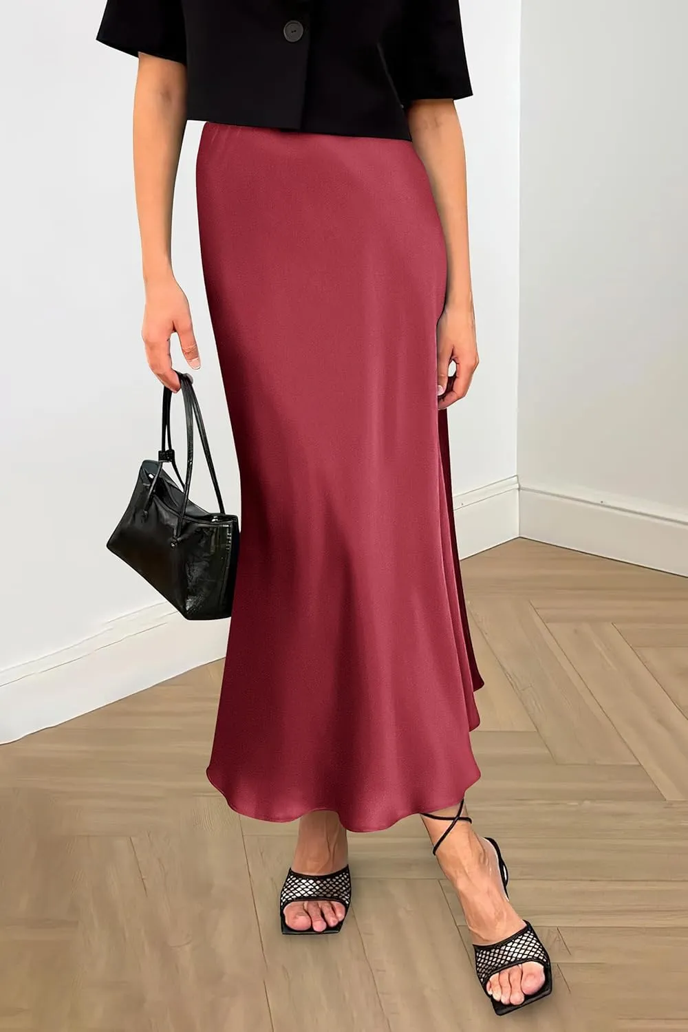 PRETTYGARDEN Women's Summer Midi Satin Skirt Dressy Casual High Waisted A Line Flowy Ruffle Elegant Party Skirts