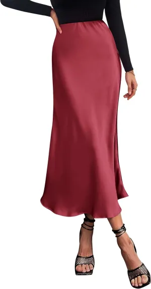 PRETTYGARDEN Women's Summer Midi Satin Skirt Dressy Casual High Waisted A Line Flowy Ruffle Elegant Party Skirts