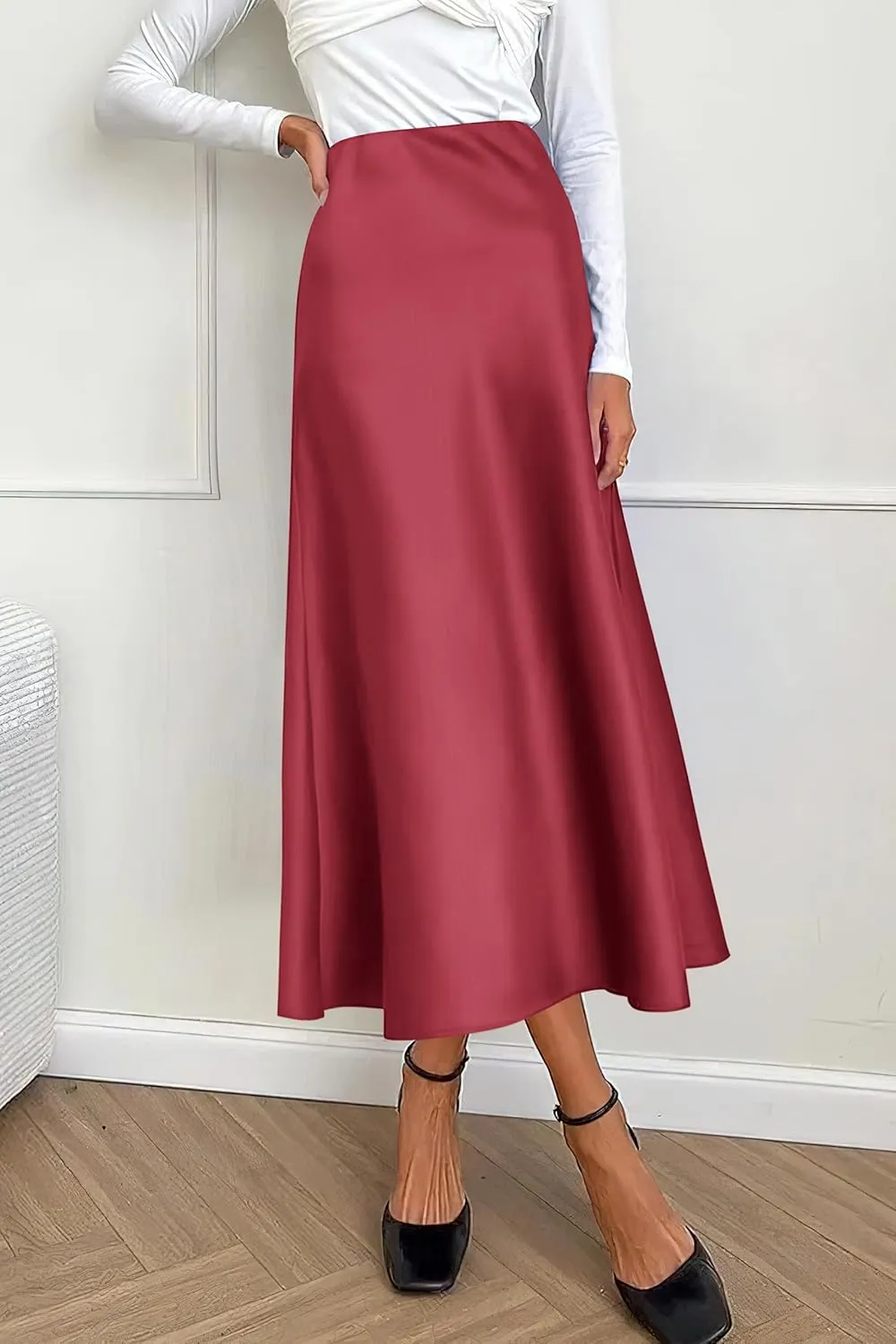 PRETTYGARDEN Women's Summer Midi Satin Skirt Dressy Casual High Waisted A Line Flowy Ruffle Elegant Party Skirts