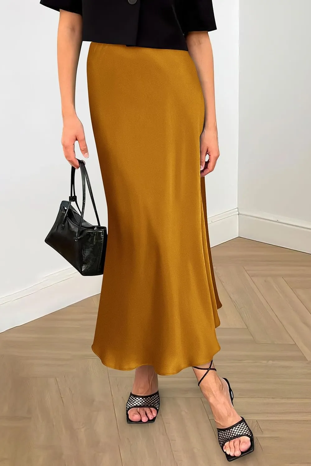 PRETTYGARDEN Women's Summer Midi Satin Skirt Dressy Casual High Waisted A Line Flowy Ruffle Elegant Party Skirts