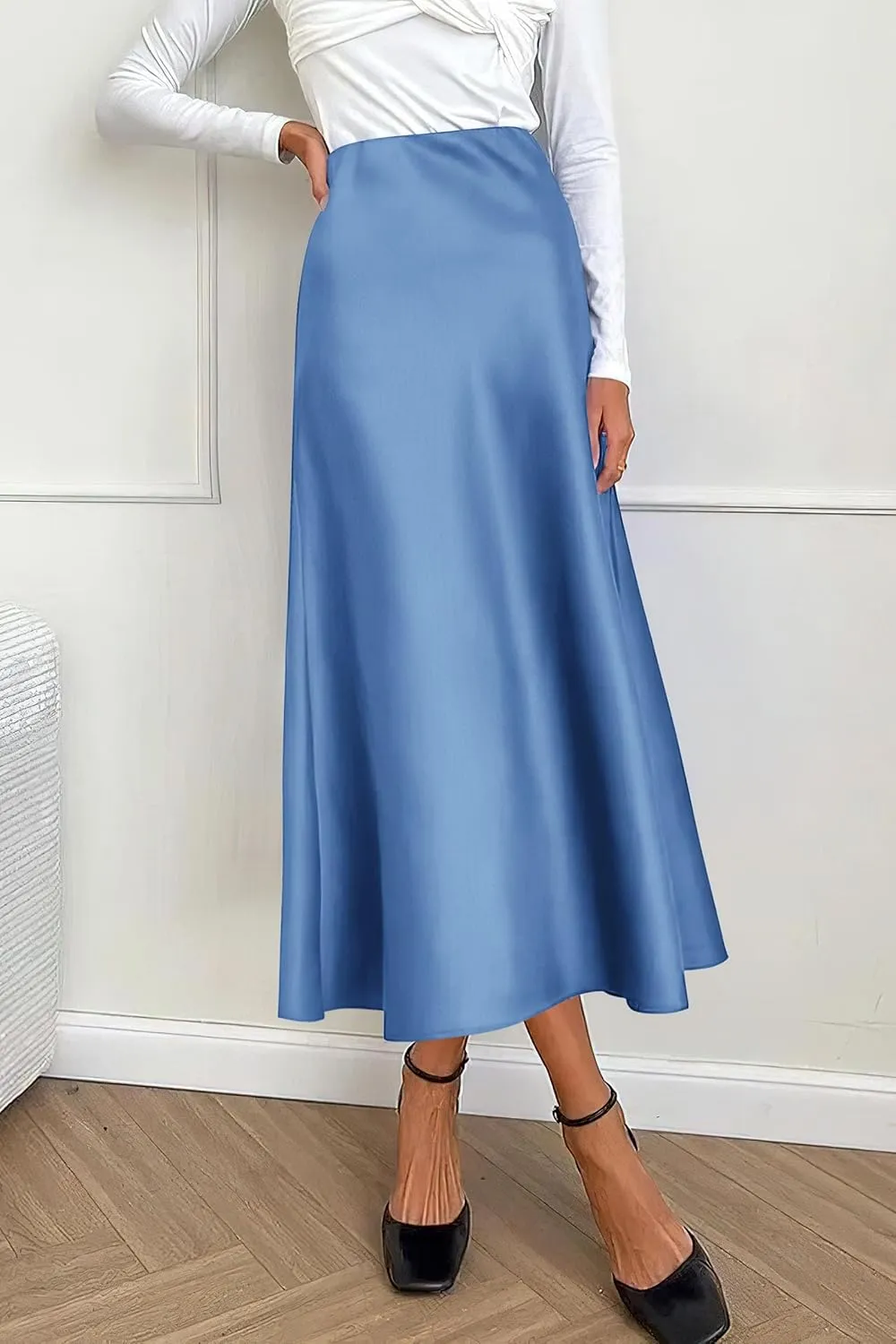 PRETTYGARDEN Women's Summer Midi Satin Skirt Dressy Casual High Waisted A Line Flowy Ruffle Elegant Party Skirts