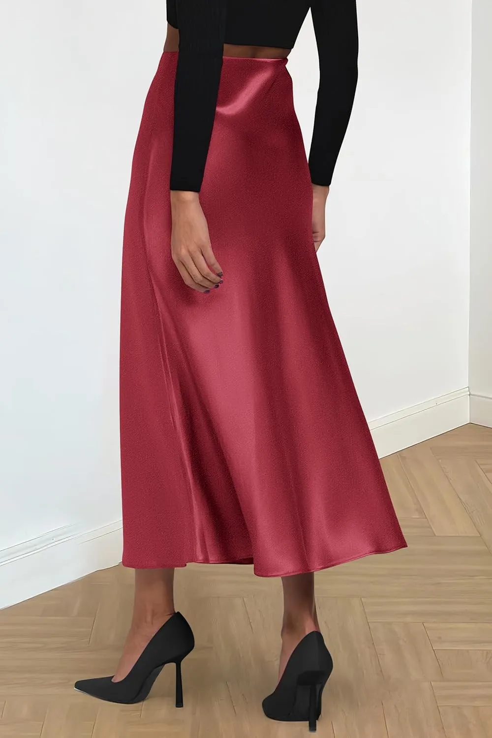 PRETTYGARDEN Women's Summer Midi Satin Skirt Dressy Casual High Waisted A Line Flowy Ruffle Elegant Party Skirts