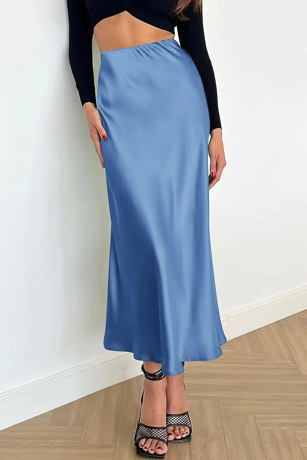 PRETTYGARDEN Women's Summer Midi Satin Skirt Dressy Casual High Waisted A Line Flowy Ruffle Elegant Party Skirts