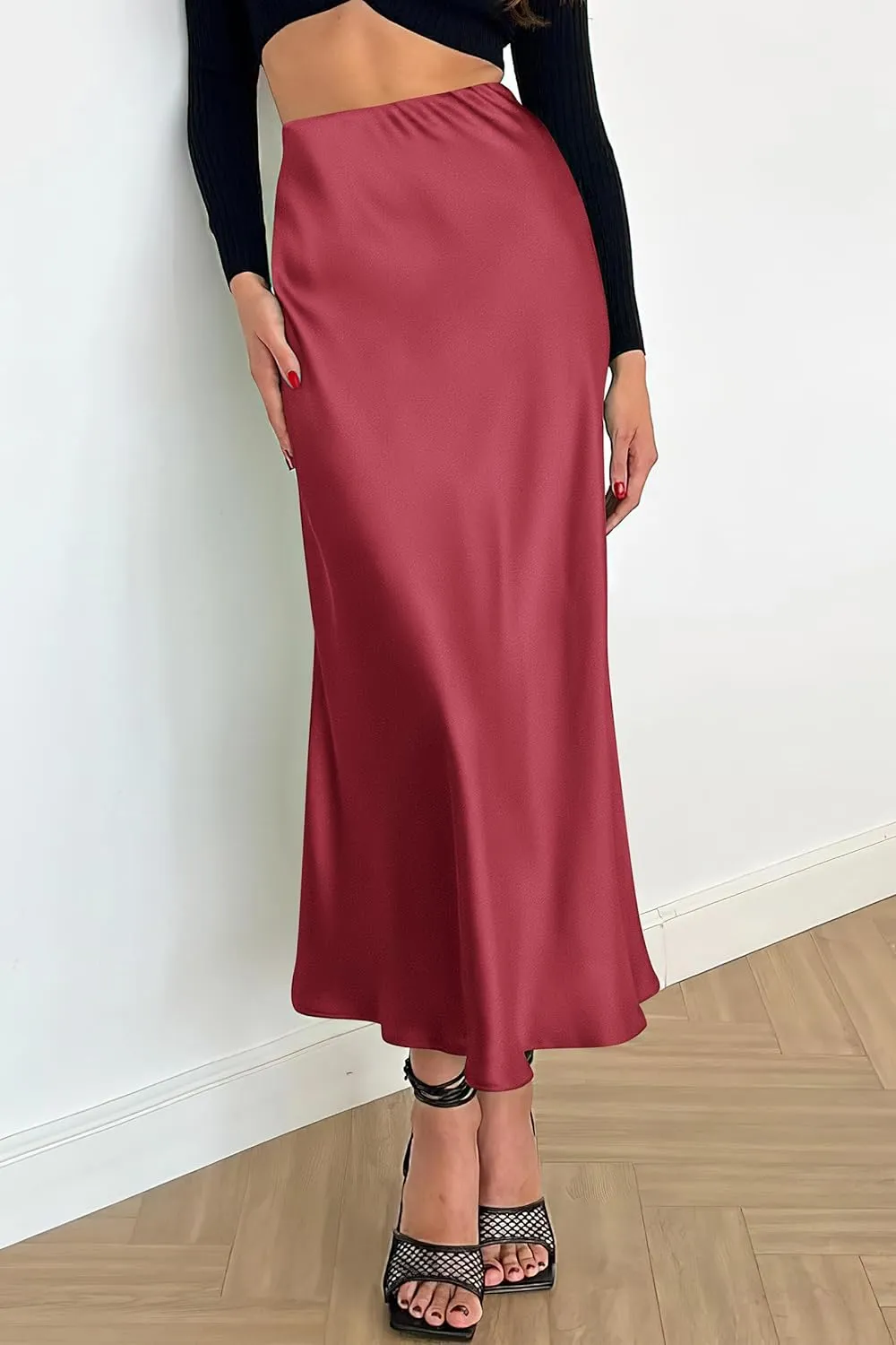 PRETTYGARDEN Women's Summer Midi Satin Skirt Dressy Casual High Waisted A Line Flowy Ruffle Elegant Party Skirts