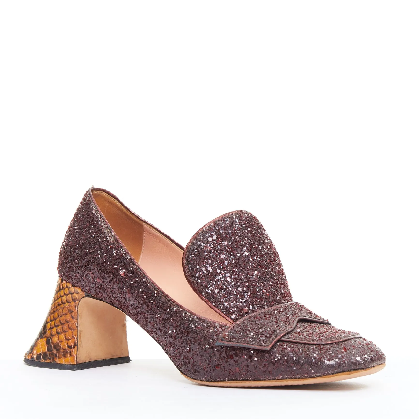 ROCHAS burgundy glitter brown scaled leather sculpted heel loafers EU36