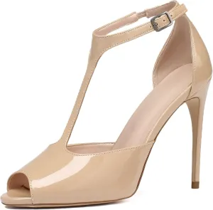 SAMMITOP Women's Peep Toe 10CM T-Strap Ankle Buckle High Heel Sandals