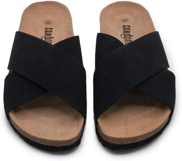 Sandgrens Handmade Unisex Cork Slides | European Top Grain Leather Sandals with Soft Suede Footbed and EVA Rubber Sole | Soria