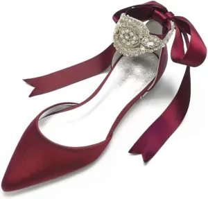 Satin Crystals Wedding Flats for Bride Pointed Toe Ribbon Tie Party Dress Shoes Flats Women 5047-69