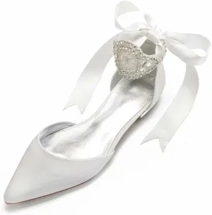 Satin Crystals Wedding Flats for Bride Pointed Toe Ribbon Tie Party Dress Shoes Flats Women 5047-69