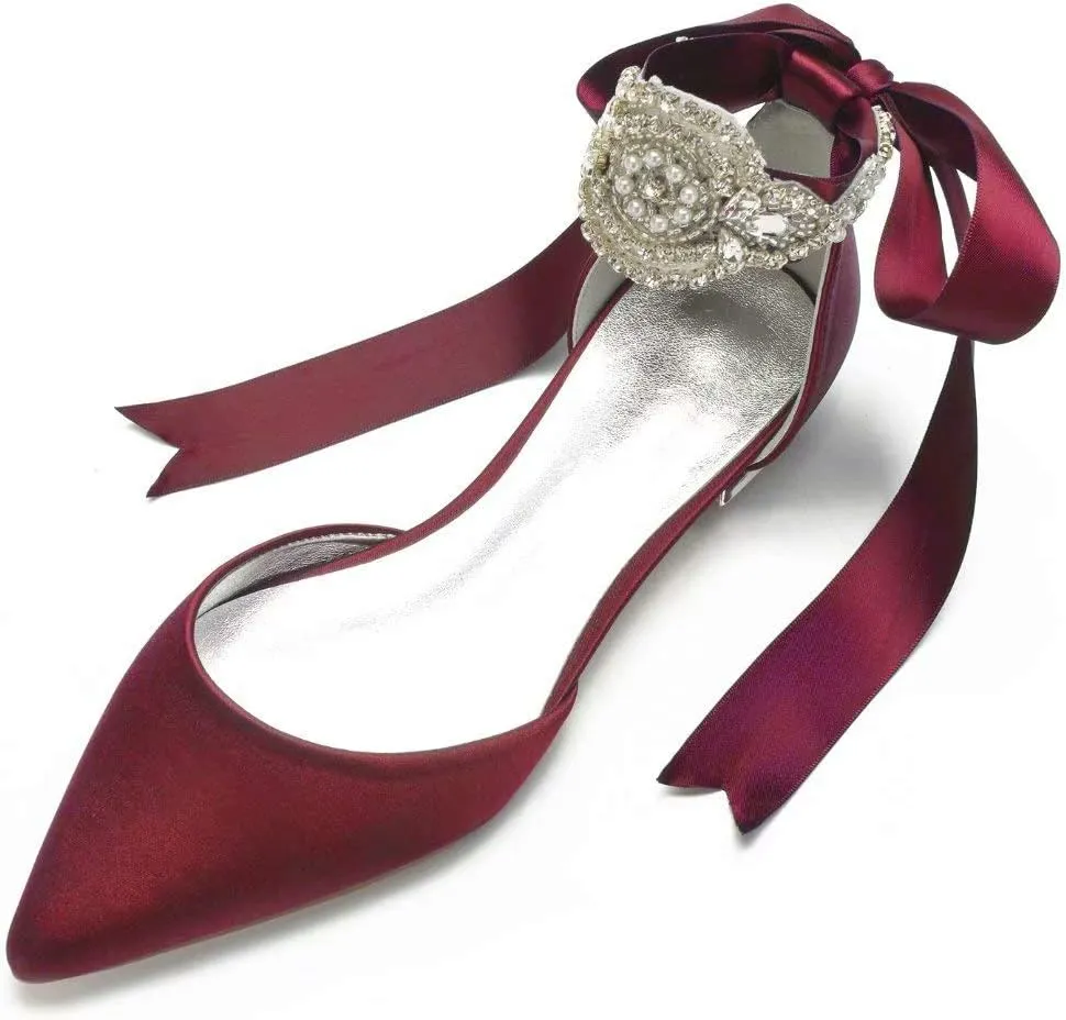 Satin Crystals Wedding Flats for Bride Pointed Toe Ribbon Tie Party Dress Shoes Flats Women 5047-69