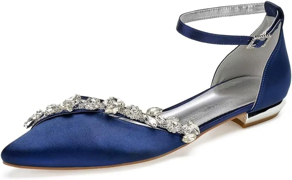 Satin Rhinestones Wedding Shoes for Bride Flats Pointed Toe Formal Dress Shoes Flats