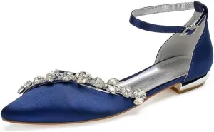 Satin Rhinestones Wedding Shoes for Bride Flats Pointed Toe Formal Dress Shoes Flats