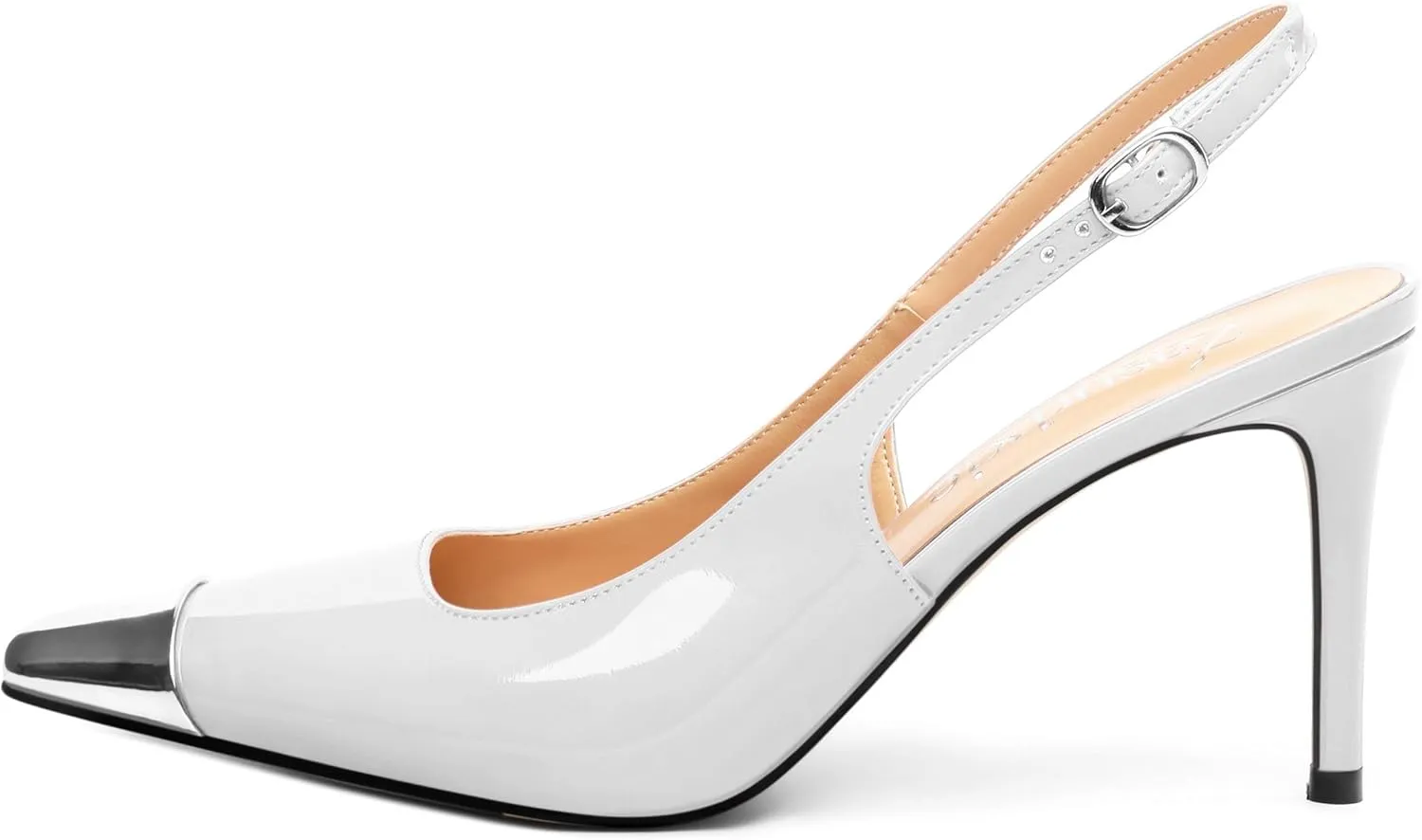 Slingback Heels for Women Stiletto Heels Silver Cap Square Toe Two Toned Pumps with Buckle High Heel Sandals Evening Party Wedding Shoes 3.35 Inch