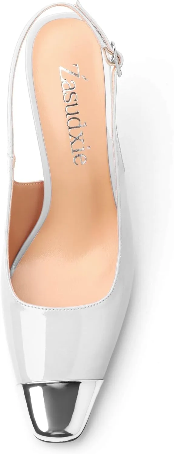 Slingback Heels for Women Stiletto Heels Silver Cap Square Toe Two Toned Pumps with Buckle High Heel Sandals Evening Party Wedding Shoes 3.35 Inch