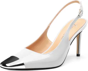 Slingback Heels for Women Stiletto Heels Silver Cap Square Toe Two Toned Pumps with Buckle High Heel Sandals Evening Party Wedding Shoes 3.35 Inch