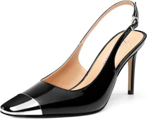 Slingback Heels for Women Stiletto Heels Silver Cap Square Toe Two Toned Pumps with Buckle High Heel Sandals Evening Party Wedding Shoes 3.35 Inch
