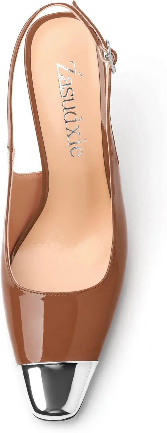 Slingback Heels for Women Stiletto Heels Silver Cap Square Toe Two Toned Pumps with Buckle High Heel Sandals Evening Party Wedding Shoes 3.35 Inch