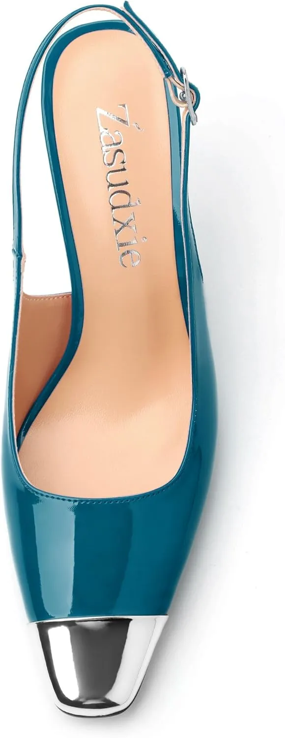 Slingback Heels for Women Stiletto Heels Silver Cap Square Toe Two Toned Pumps with Buckle High Heel Sandals Evening Party Wedding Shoes 3.35 Inch