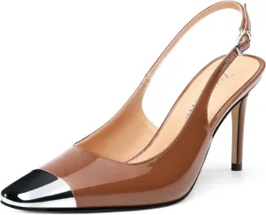 Slingback Heels for Women Stiletto Heels Silver Cap Square Toe Two Toned Pumps with Buckle High Heel Sandals Evening Party Wedding Shoes 3.35 Inch