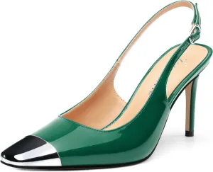 Slingback Heels for Women Stiletto Heels Silver Cap Square Toe Two Toned Pumps with Buckle High Heel Sandals Evening Party Wedding Shoes 3.35 Inch