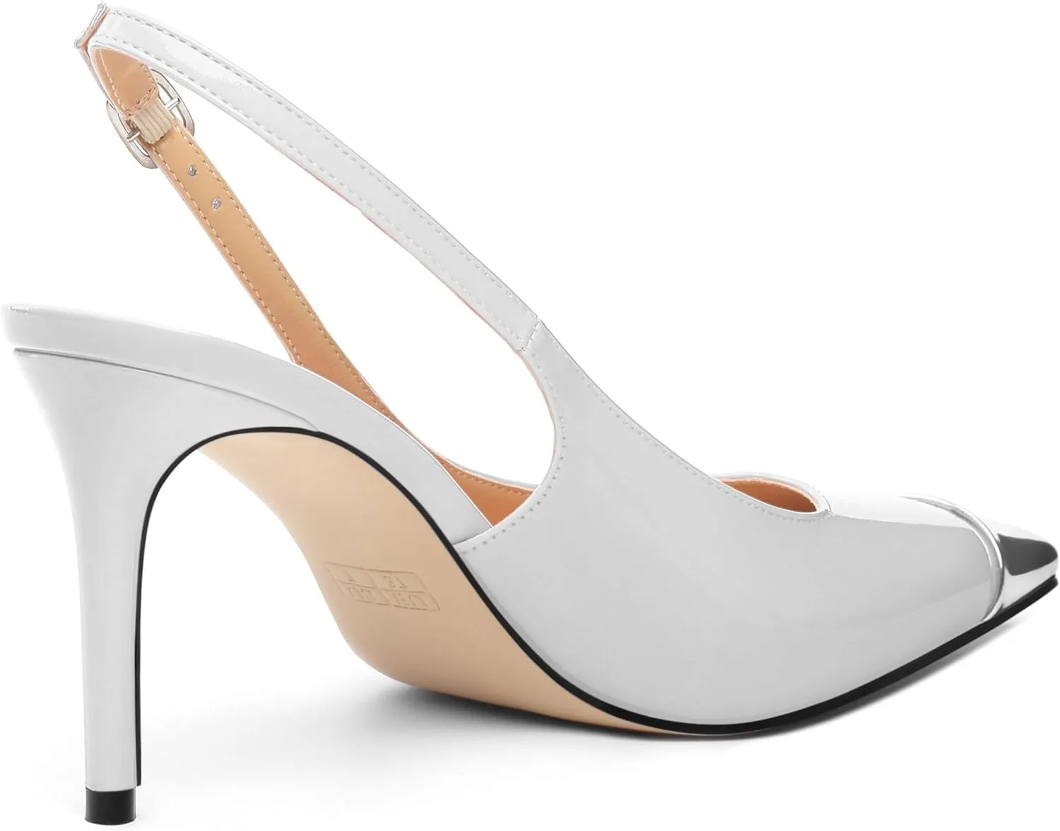 Slingback Heels for Women Stiletto Heels Silver Cap Square Toe Two Toned Pumps with Buckle High Heel Sandals Evening Party Wedding Shoes 3.35 Inch