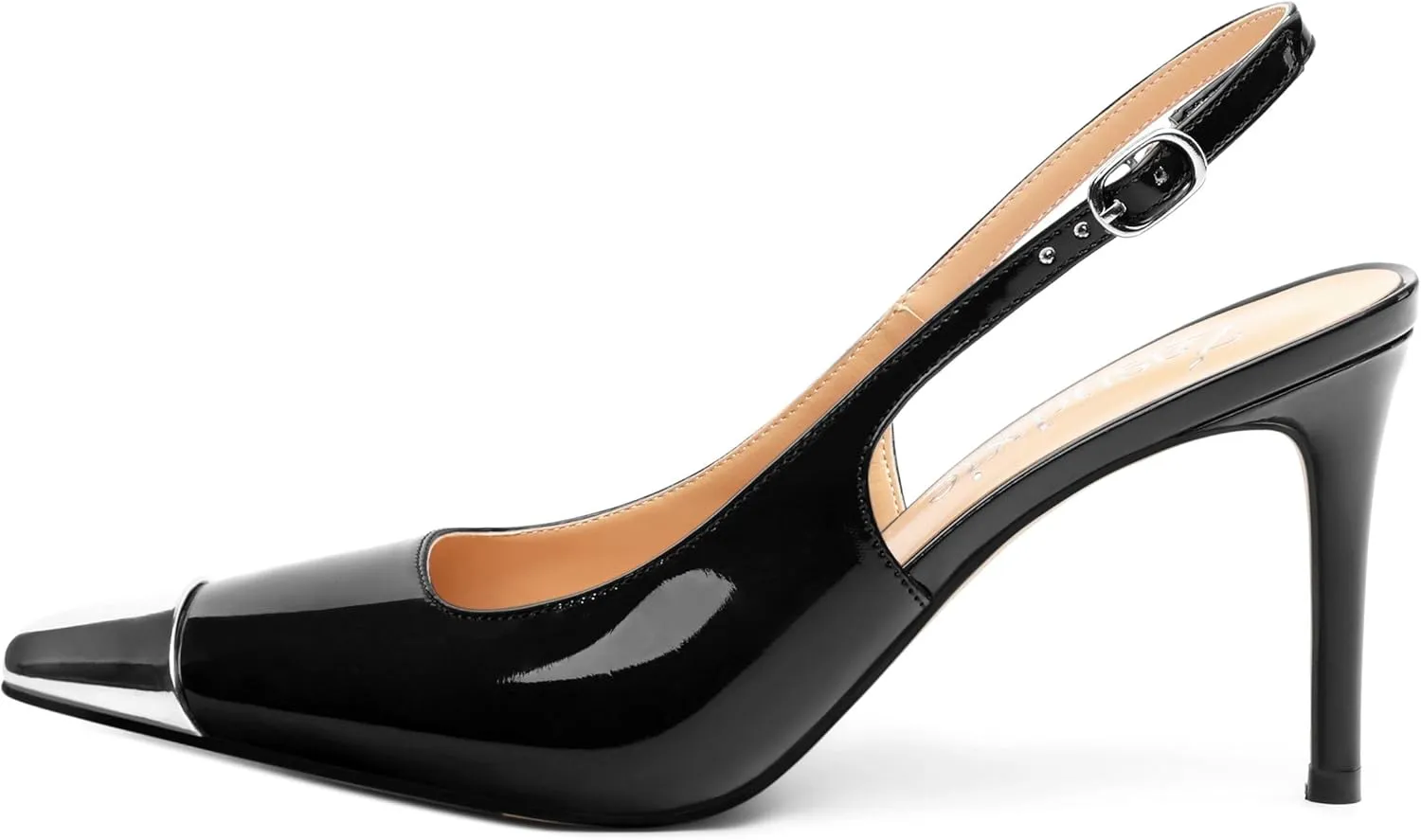 Slingback Heels for Women Stiletto Heels Silver Cap Square Toe Two Toned Pumps with Buckle High Heel Sandals Evening Party Wedding Shoes 3.35 Inch