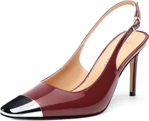 Slingback Heels for Women Stiletto Heels Silver Cap Square Toe Two Toned Pumps with Buckle High Heel Sandals Evening Party Wedding Shoes 3.35 Inch