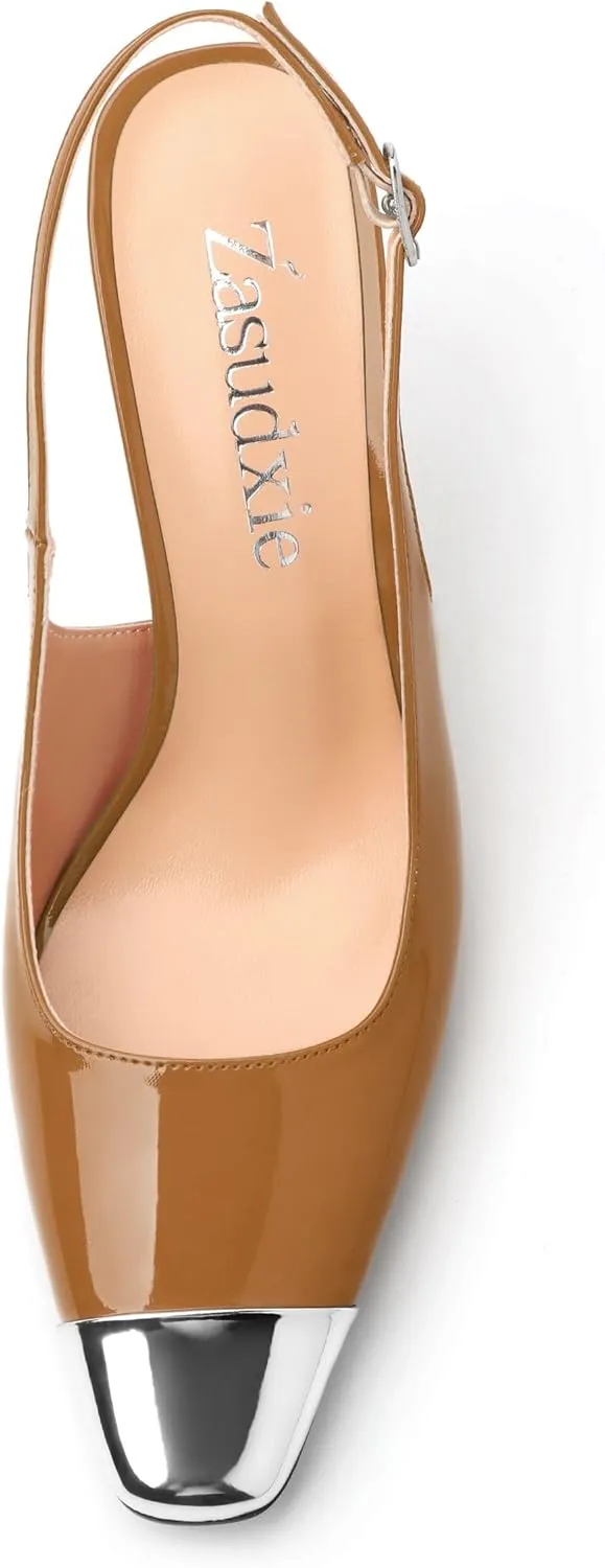 Slingback Heels for Women Stiletto Heels Silver Cap Square Toe Two Toned Pumps with Buckle High Heel Sandals Evening Party Wedding Shoes 3.35 Inch