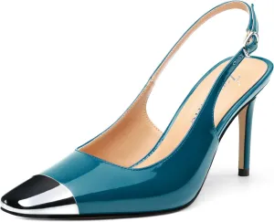 Slingback Heels for Women Stiletto Heels Silver Cap Square Toe Two Toned Pumps with Buckle High Heel Sandals Evening Party Wedding Shoes 3.35 Inch