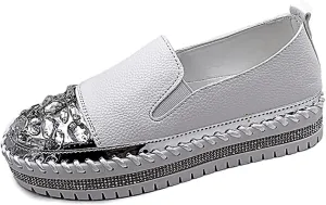 SOLPNOW Women'S Rhinestone Platform Loafers Round Toe Flats,Slip-On Fashionable Low-Cut Casual Shoes with Increase Height,Comfortable Non-Slip Walking Shoes
